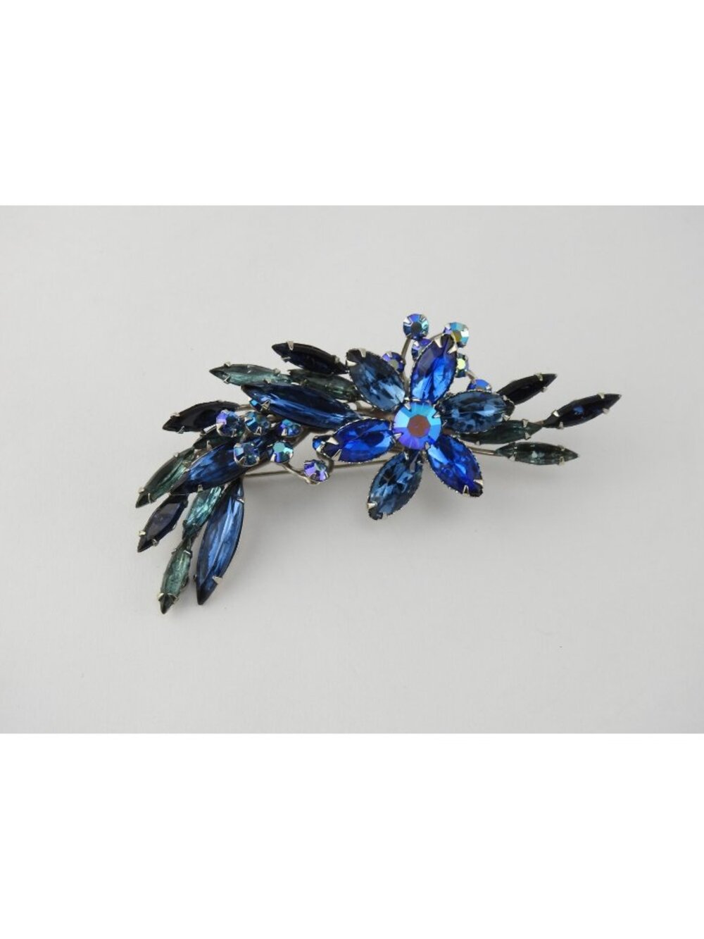 Vintage Judy Lee Blue Rhinestone Brooch Floral Spray Navette Glass Unsigned